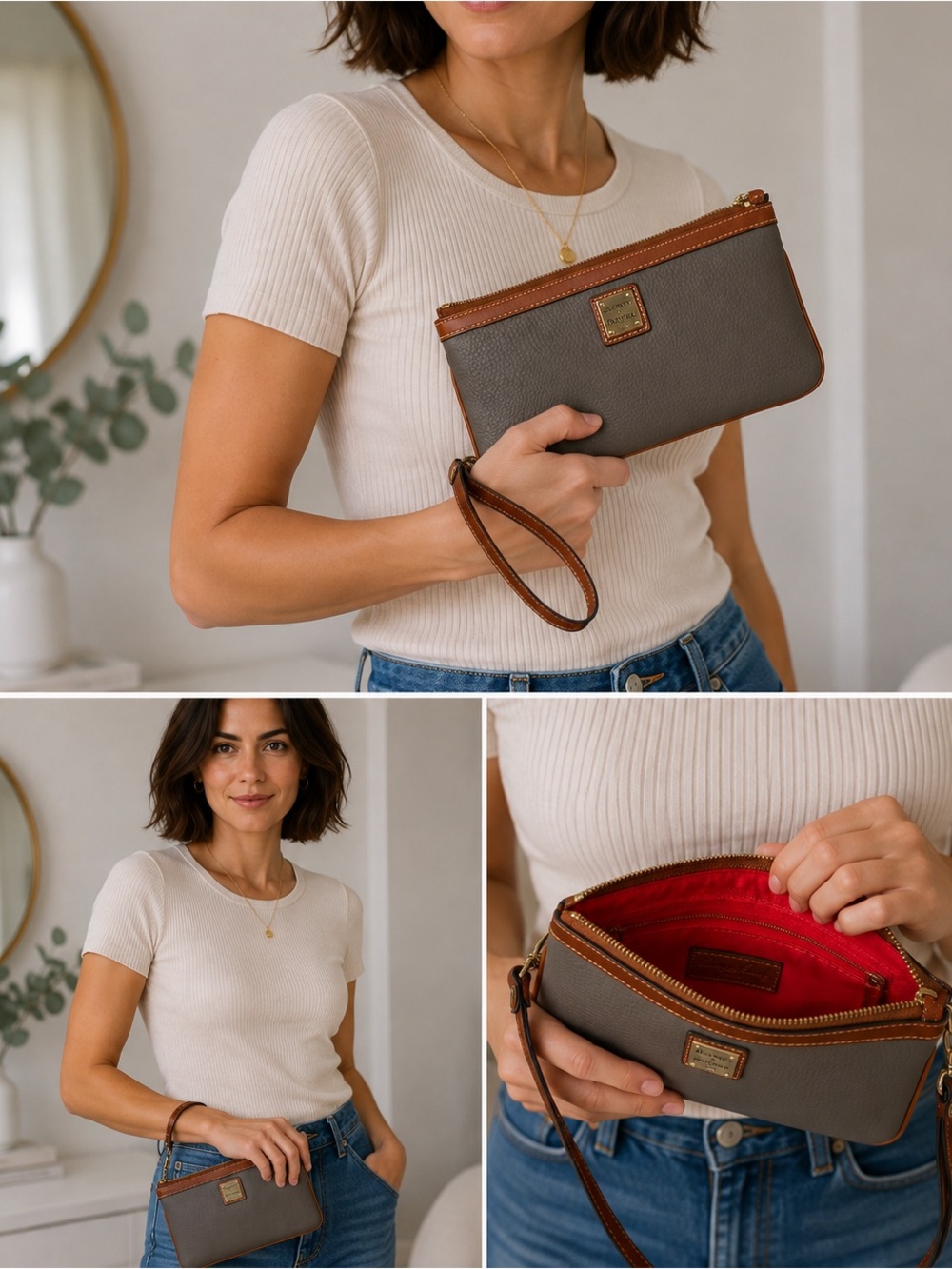 Dooney & Bourke Gray Wristlet Clutch with Brown Trim and Red Interior